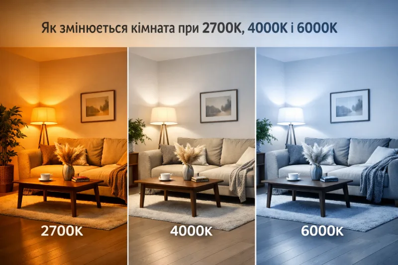 Ілюстрація того, як виглядає кімната при різній колірній температурі