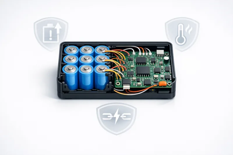 3D-ілюстрація плати BMS на модулі акумуляторної батареї з індикаторами захисту, центрований об’єкт на світлому фоні