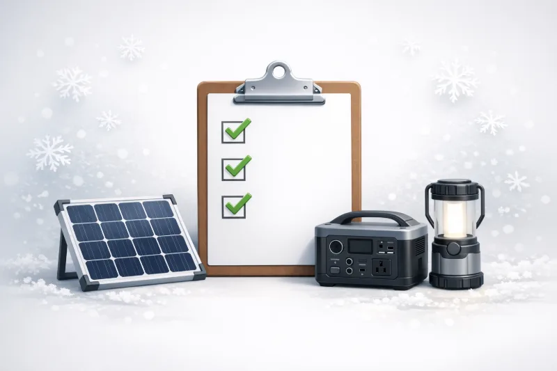 Центрована 3D-ілюстрація чекліста покупця з портативною сонячною панеллю, акумулятором і LED-ліхтарем на фоні зимових елементів