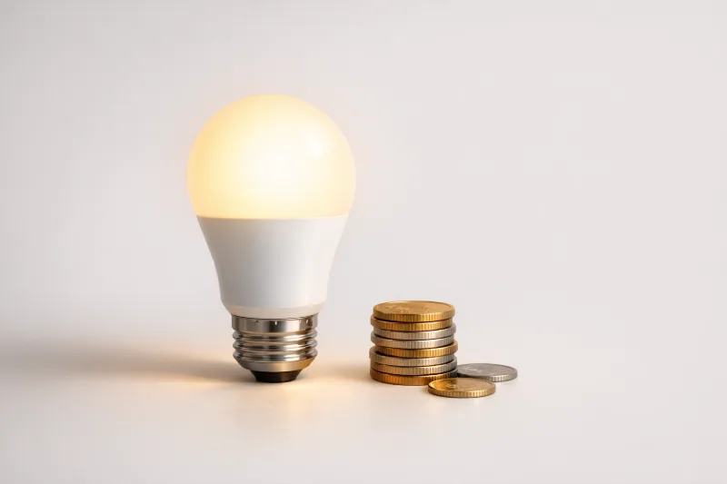 Центрована LED-лампа з м’яким сяйвом і монетами, що символізують економію на освітленні