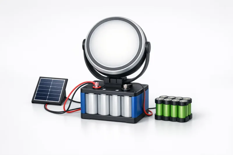 3D ілюстрація автономного LED-освітлення з акумулятором LiFePO4 поруч із Li-ion для порівняння