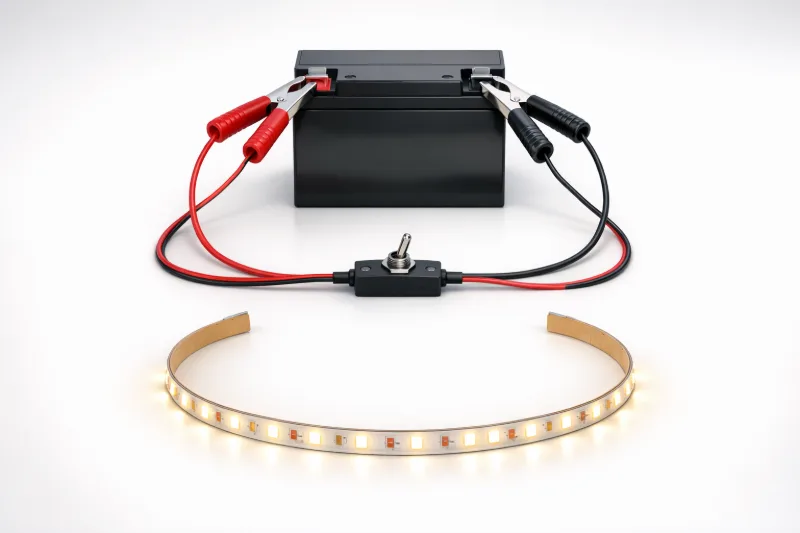 12В LED-стрічка підключена до 12В акумулятора через двожильний провід з вимикачем і крокодилами