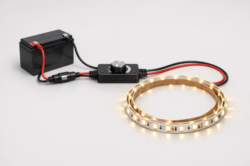 Світлодіодна стрічка, підключена червоним і чорним проводами до 12В акумулятора з контролером і запобіжником, на світлому нейтральному фоні