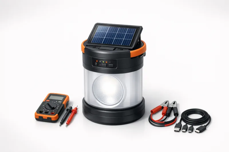 Технік перевіряє автономний LED-ліхтар із сонячною панеллю, акумулятором і контролером заряду