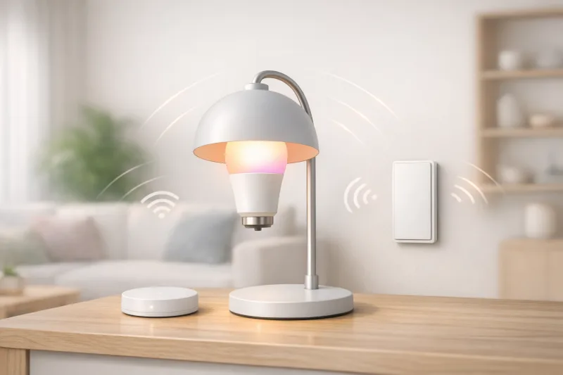 Смарт-лампа, бездротовий вимикач і компактний хаб у сучасній кімнаті для автоматизації світла без штроблення стін