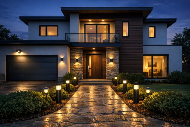 Нічна сцена сучасного приватного будинку з теплим LED-освітленням: ліхтарі вздовж доріжки, настінні світильники й датчик руху