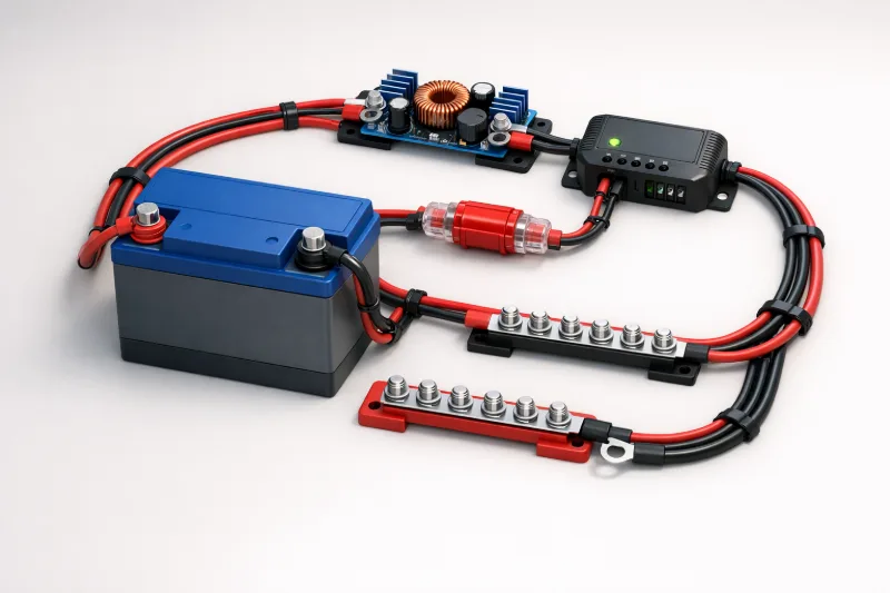 Центрована 3D-ілюстрація 12V системи з акумулятором, запобіжником, шиною розподілу, DC-DC перетворювачем та акуратно прокладеними дротами