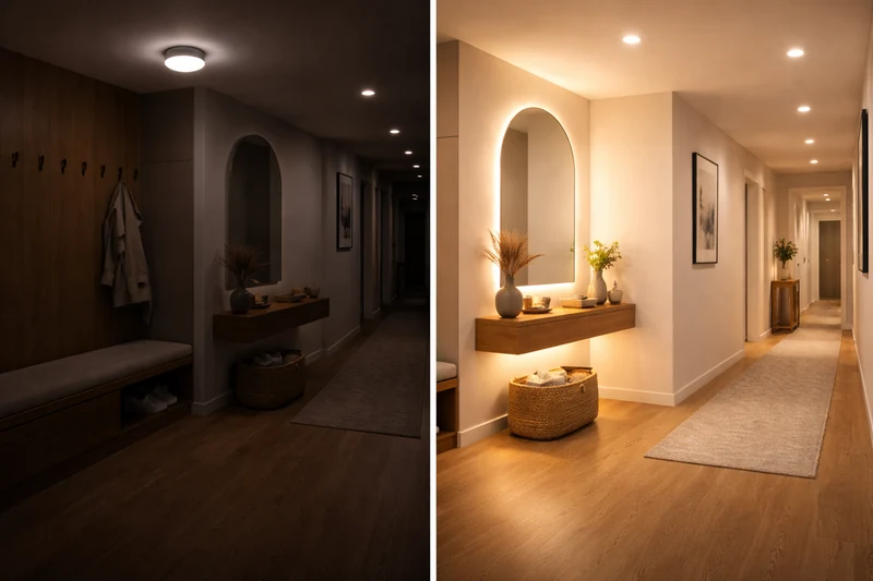 Порівняння поганого і правильного освітлення передпокою