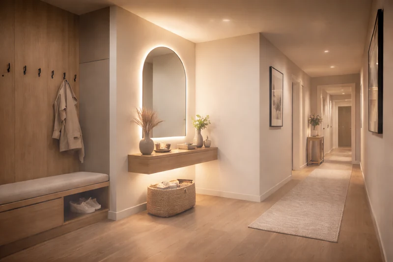 Нічний сценарій освітлення коридору з м’яким підсвічуванням проходу