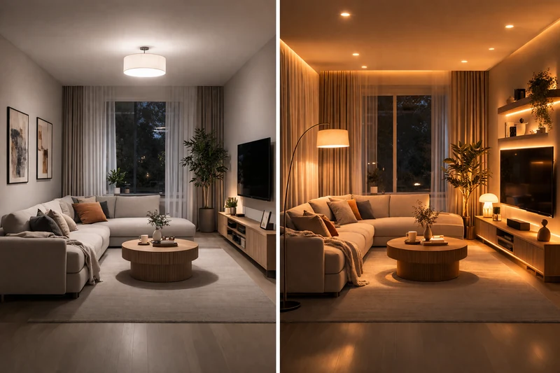 Порівняння однієї люстри та багаторівневого освітлення у вітальні