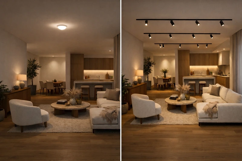 Порівняння кімнати з однією люстрою та з трековою системою освітлення