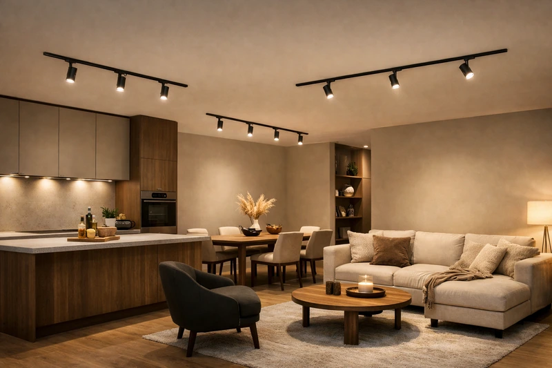Зонування кухні-вітальні за допомогою трекового освітлення